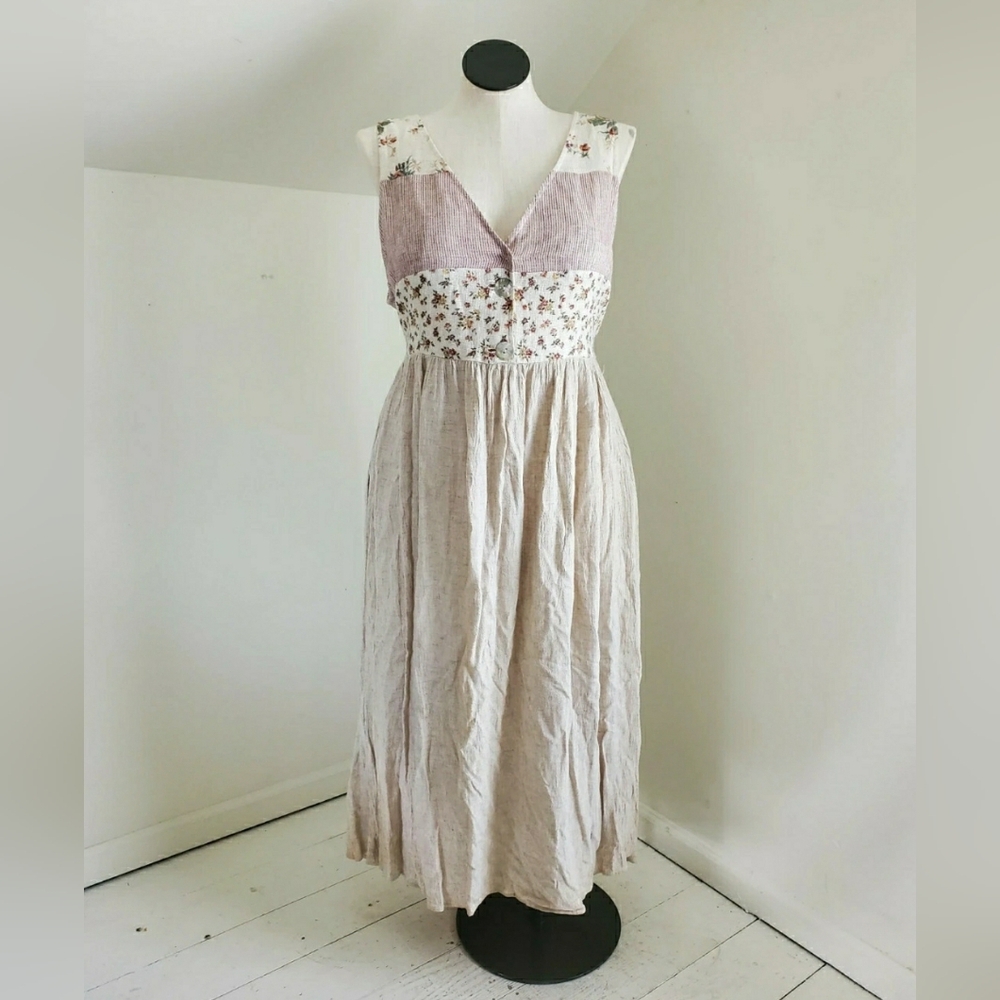 90s Vintage Patchwork Flax Blend Sleeveless Sun Dress size 14